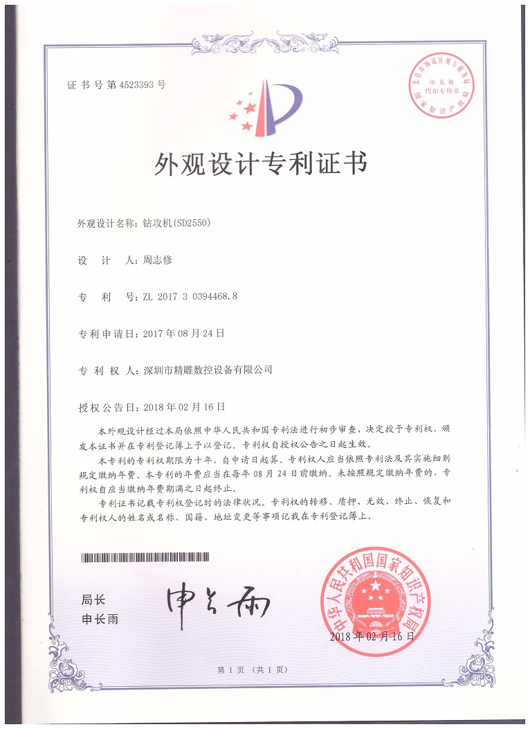 公司2018年取得，大型非標鉆攻機 SD2550外觀設計專利證書。